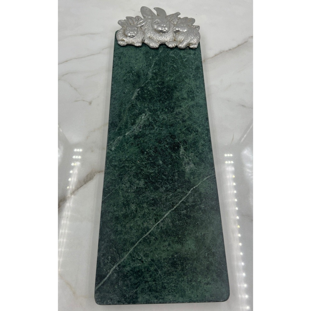 VTG Arthur Court Green Marble Serving Board Rabbit Bunny Cast Metal Handle Tray